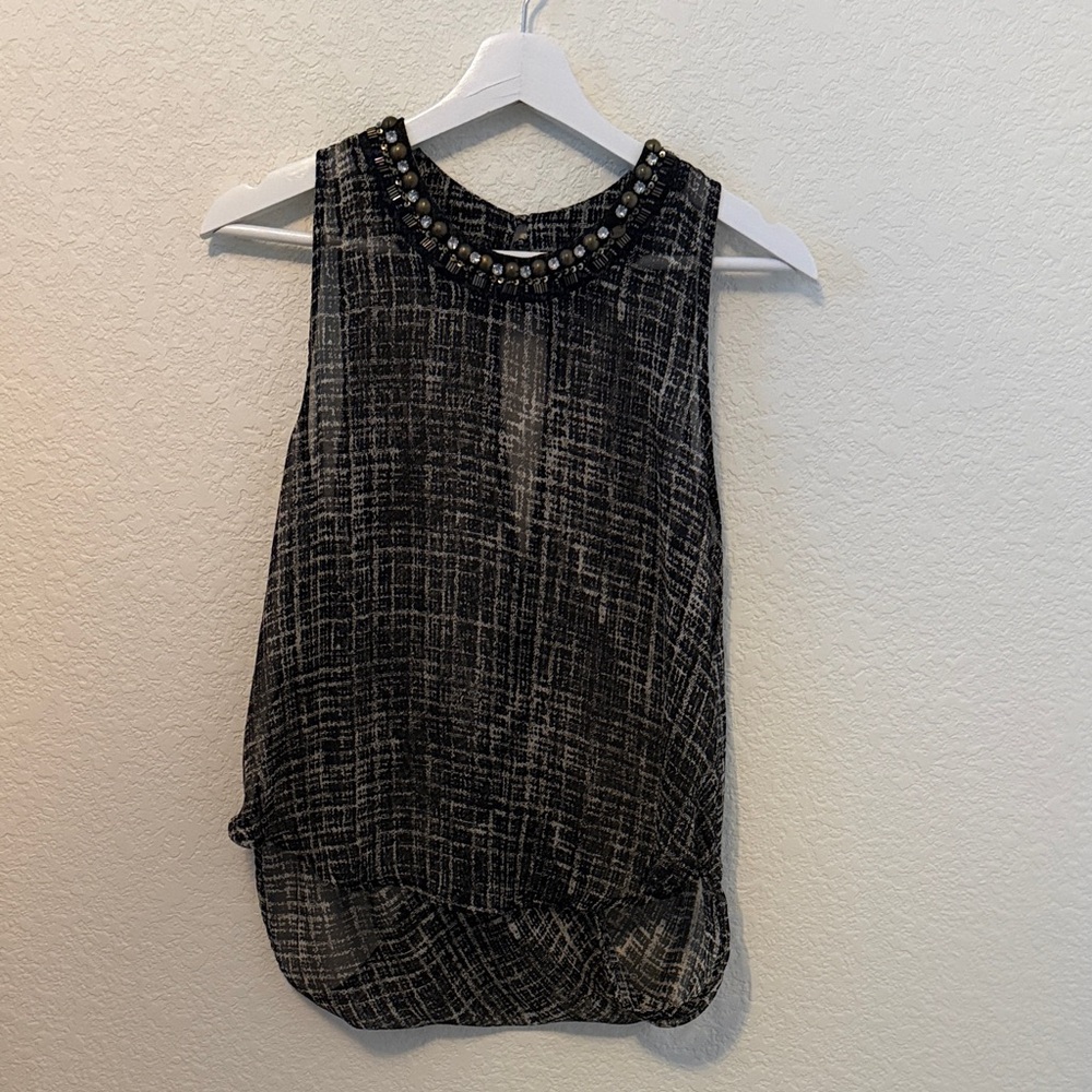 Astr Black and White Sleeveless Blouse with Beaded Neckline